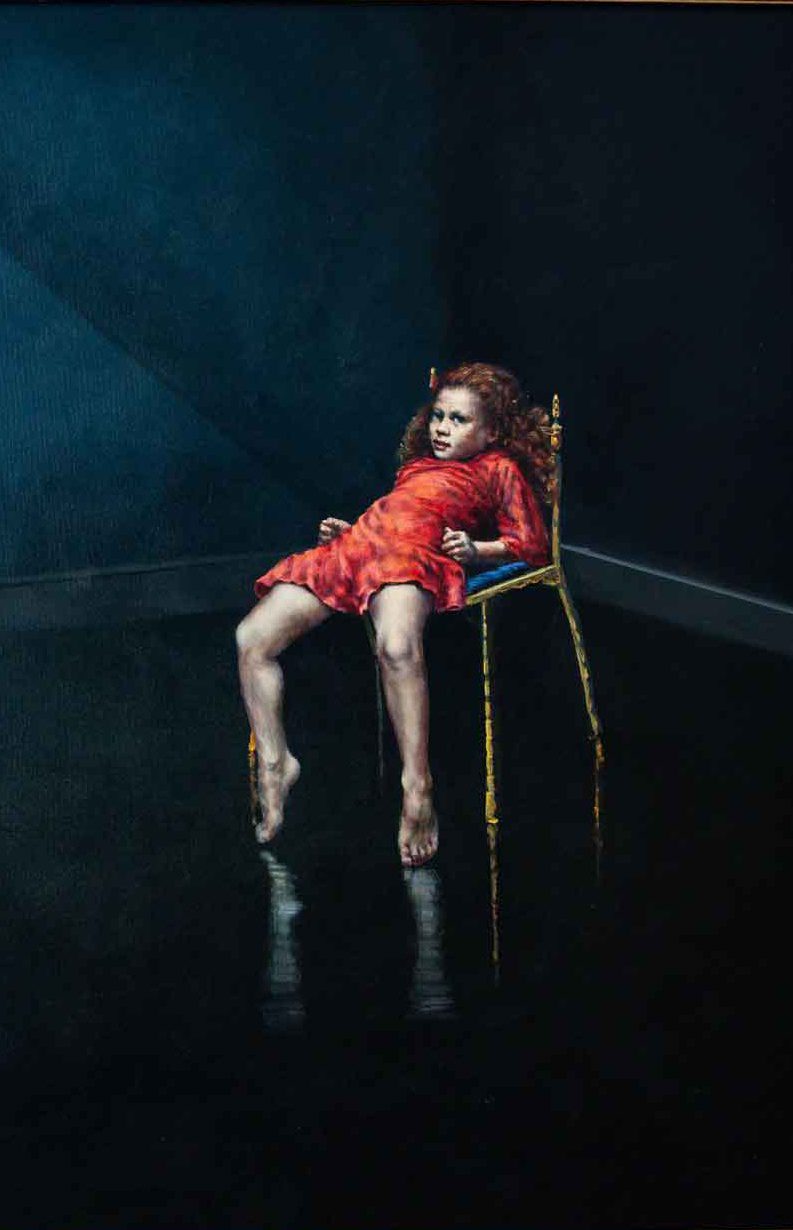 "Girl on a Golden Chair" an oil painting by Tobias Keene