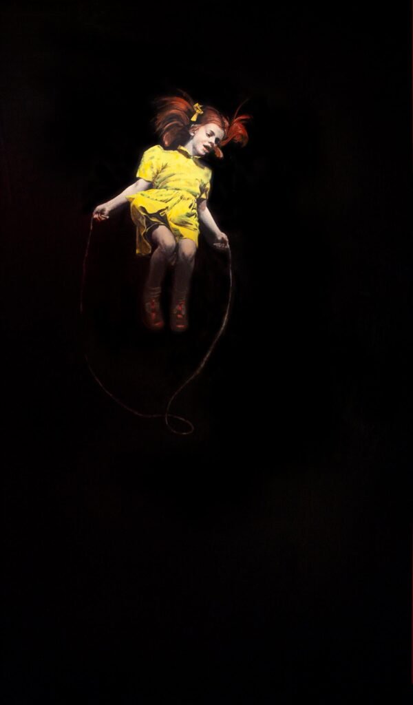In "The Skipping Girl" motion is present but stripped of progression. The body is caught mid-gesture, held within black without before or after. Action becomes a state of arrest rather than movement through time."