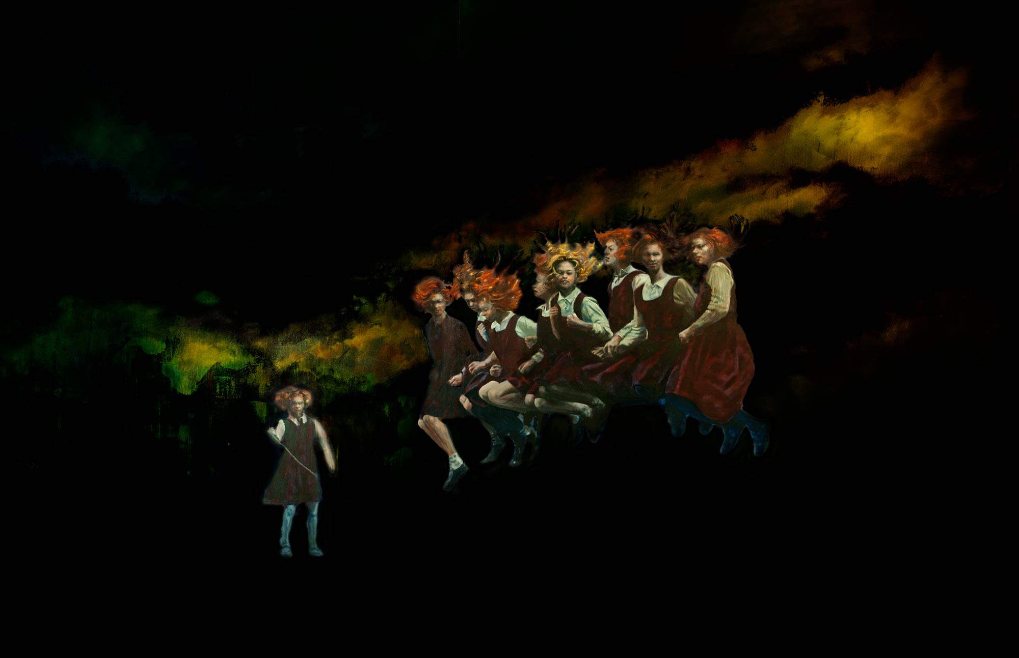 "The Skipping Girls" is an oil painting by Tobias Keene