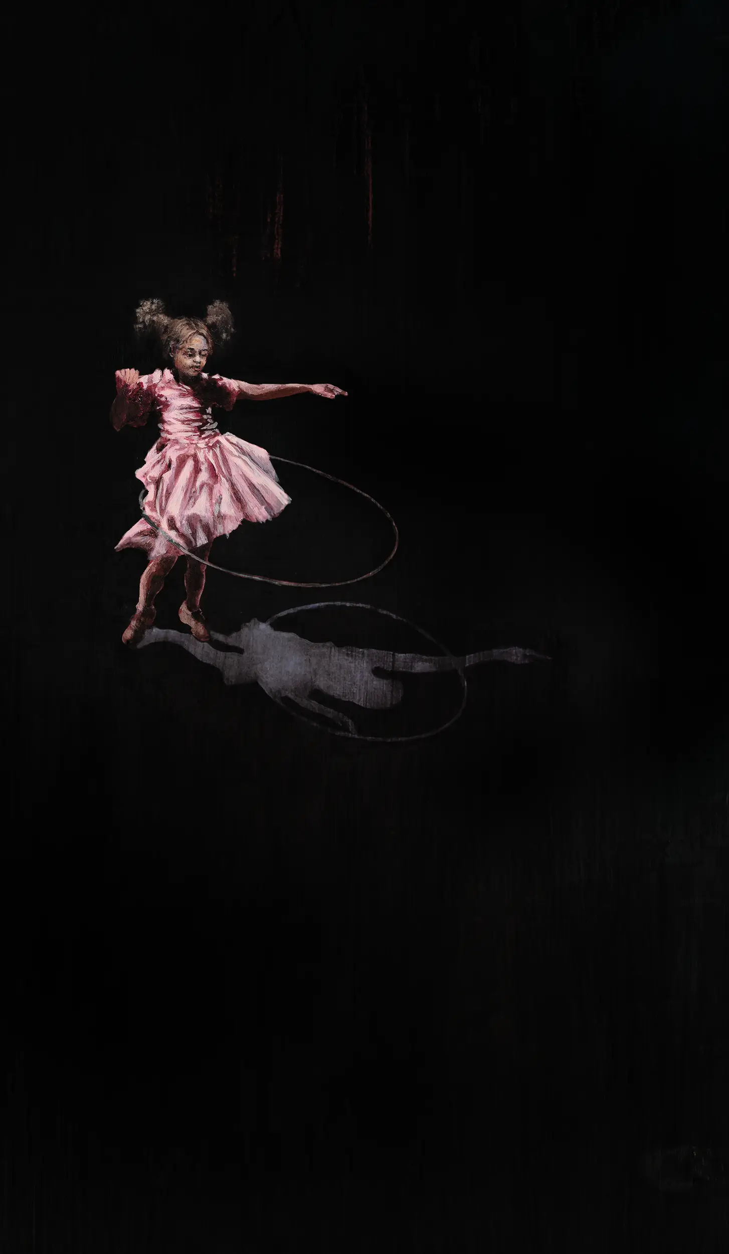 © Tobias Keene, "Hoola Hoop Girl", depicting a young girl in a pink dress spinning a hula hoop against a black field.